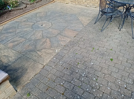 patio-slabs-and-block-pavers-before-jet-washing-Kings-Hill