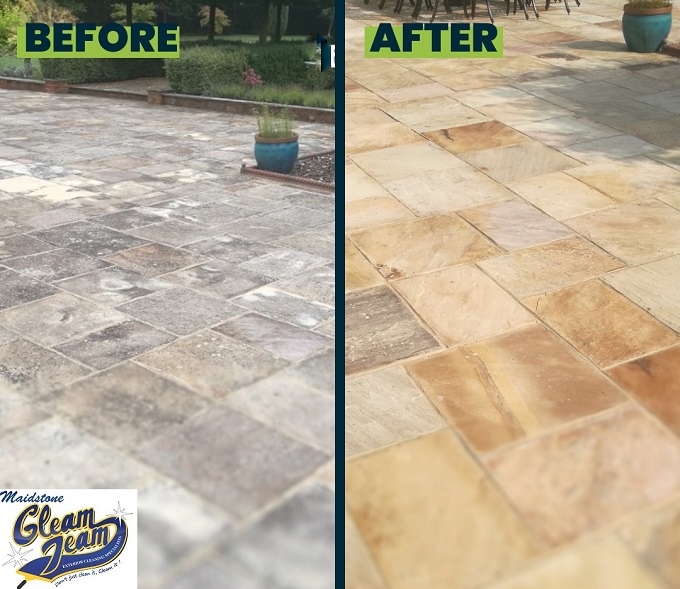 before=and-after-large-sandstone-patio-cleaning-Meopham-Borough-Green